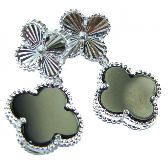 Outstanding inlay authentic Onyx Lucky Four Leaf Clover .925 Sterling Silver Earrings