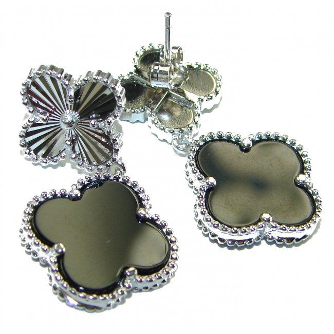 Outstanding inlay authentic Onyx Lucky Four Leaf Clover .925 Sterling Silver Earrings