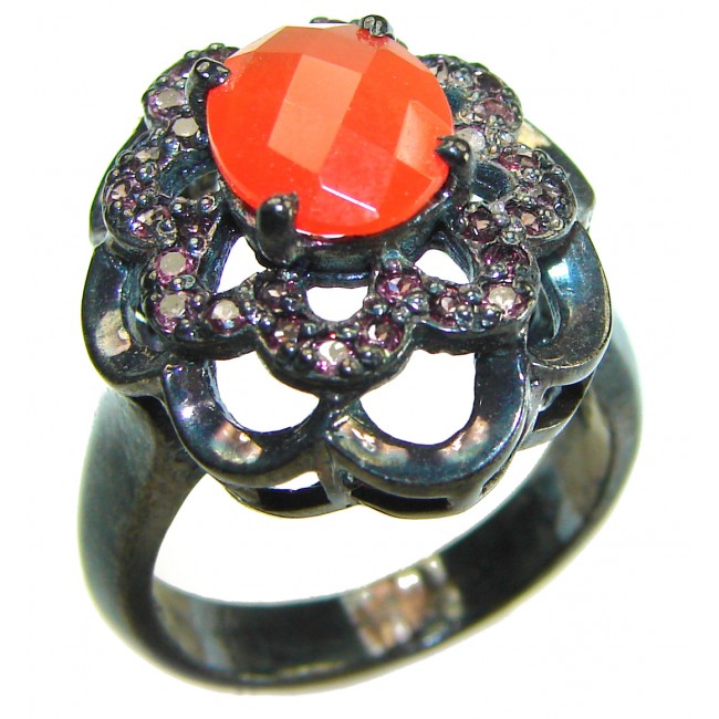 Orange Power natural 4.8 carat Carnelian black rhodium over .925 Sterling Silver handmade ring s. 8