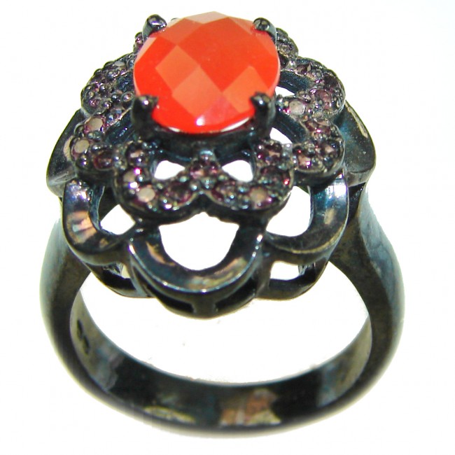 Orange Power natural 4.8 carat Carnelian black rhodium over .925 Sterling Silver handmade ring s. 8