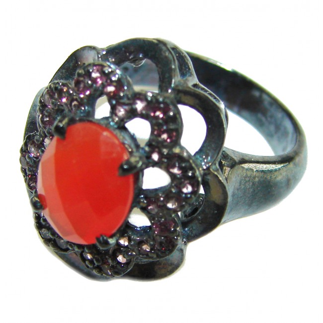 Orange Power natural 4.8 carat Carnelian black rhodium over .925 Sterling Silver handmade ring s. 8