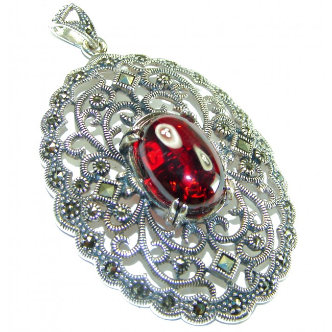 Mesmerizing Vintage Style Genuine 14.5 carat Ruby Marcasite .925 Sterling Silver handmade Pendant