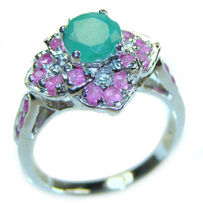 Unique design 2.2 carat Emerald Ruby .925 Sterling Silver handmade Ring size 6