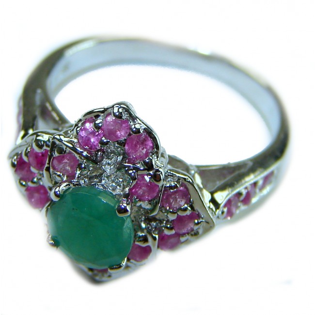 Unique design 2.2 carat Emerald Ruby .925 Sterling Silver handmade Ring size 6