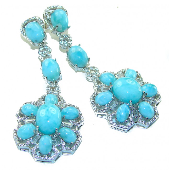 Masterpiece - Caribbean Beauty best quality authentic Larimar White Sapphire .925 Sterling Silver handmade earrings